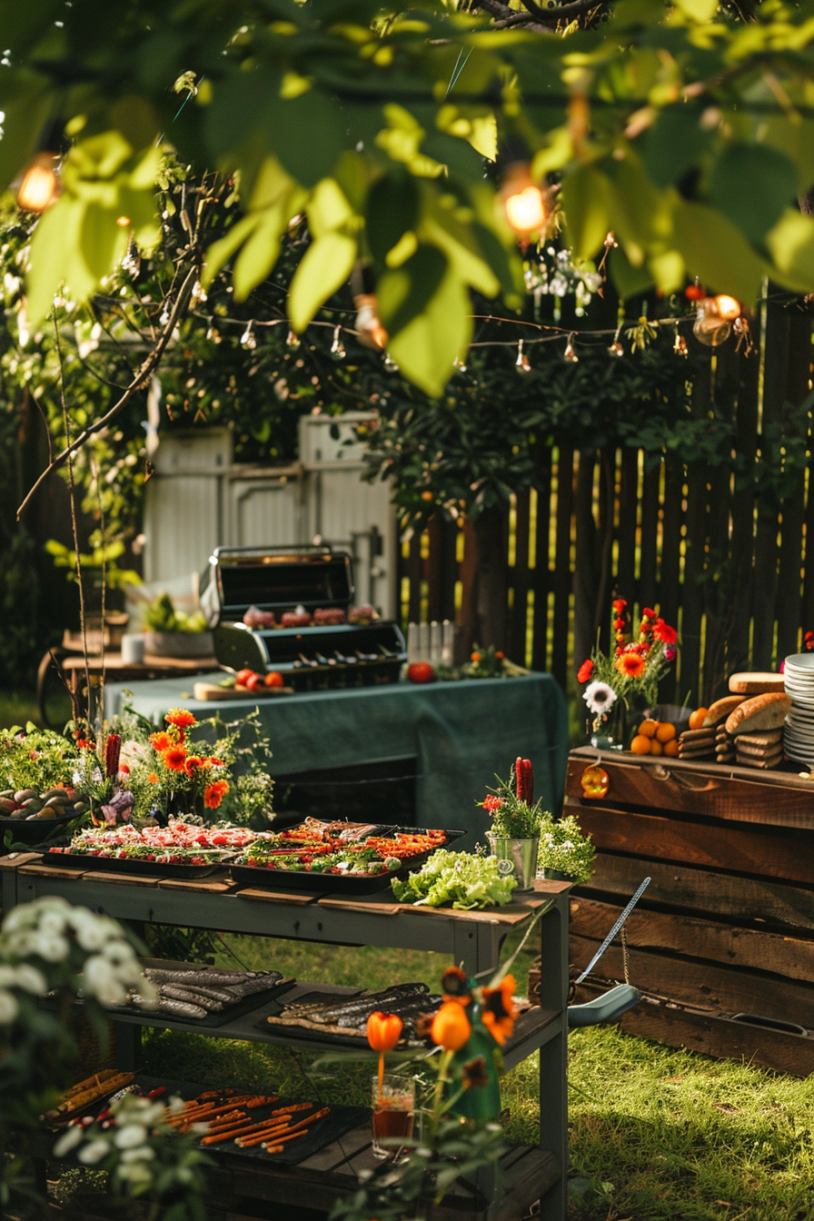 Alt text: Outdoor garden with a barbecue grill, table full of various grilled dishes, surrounded by greenery and string lights.