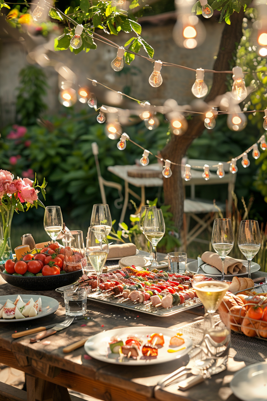 Alt text: "An outdoor dining table set with a variety of appetizers, wine glasses, and string lights, creating a warm, inviting atmosphere."