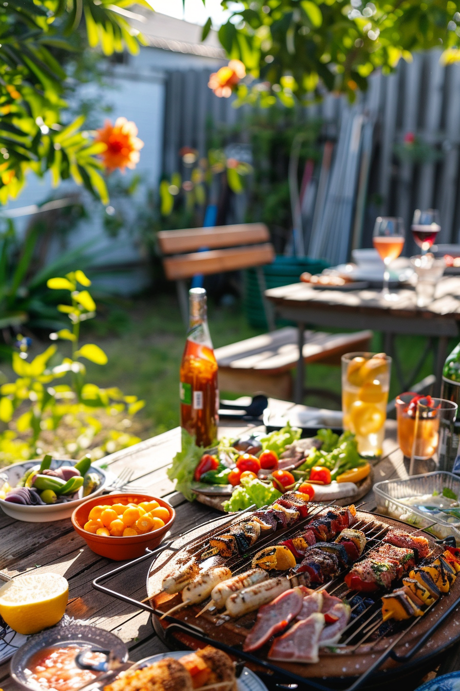 ALT Text: "A vibrant outdoor barbecue setting with grilled skewers, salad, and drinks on a sunny table surrounded by greenery."
