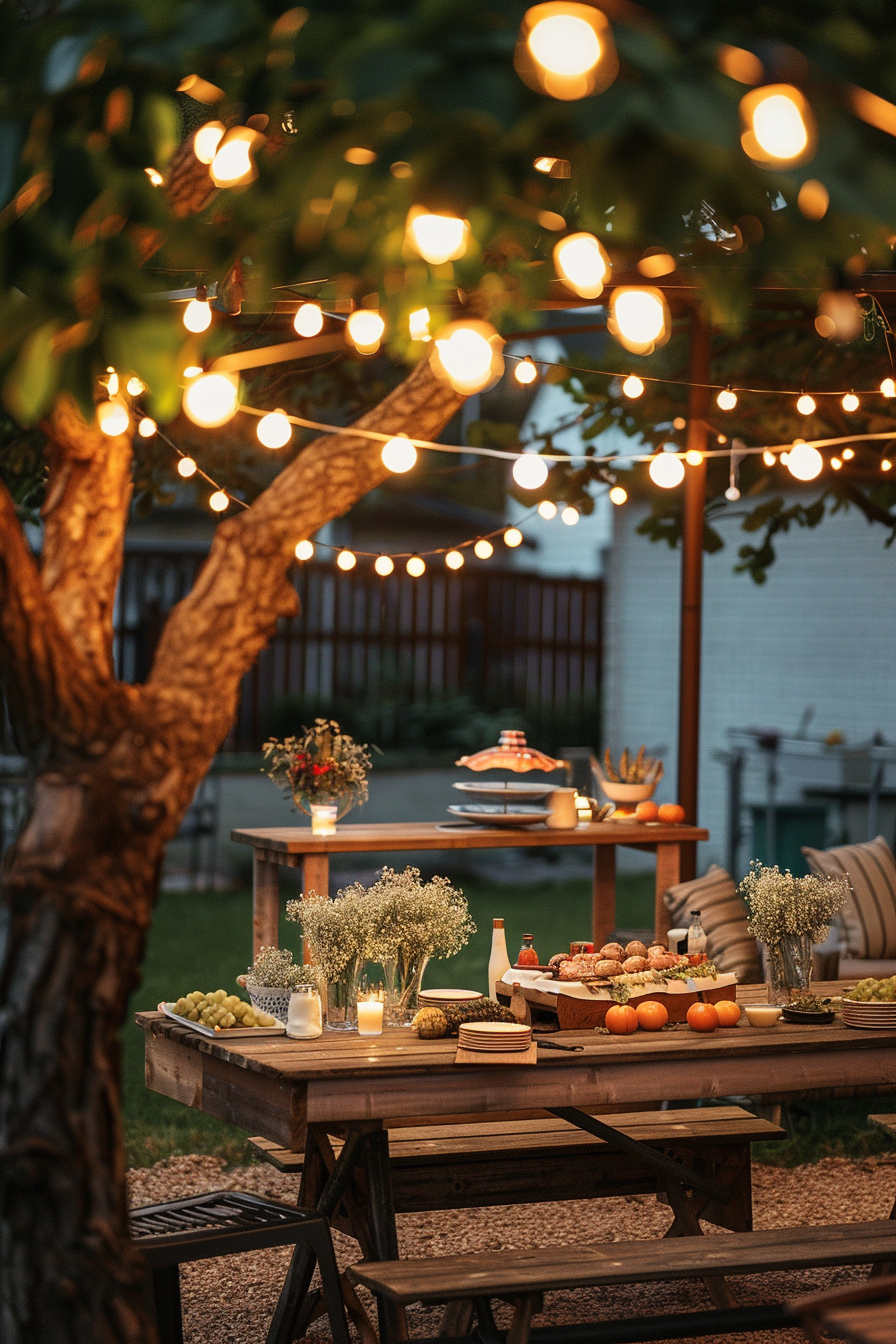 A cozy outdoor dining setup at dusk with string lights hanging above, a rustic wooden table adorned with food and flowers.