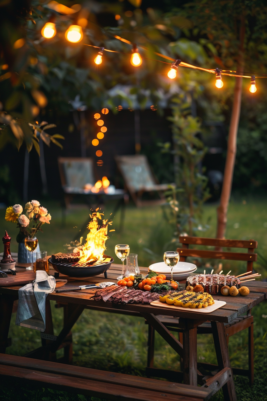 Cozy evening outdoor dining setup with a lit fire bowl, string lights, wine, and a spread of grilled food on a wooden table.