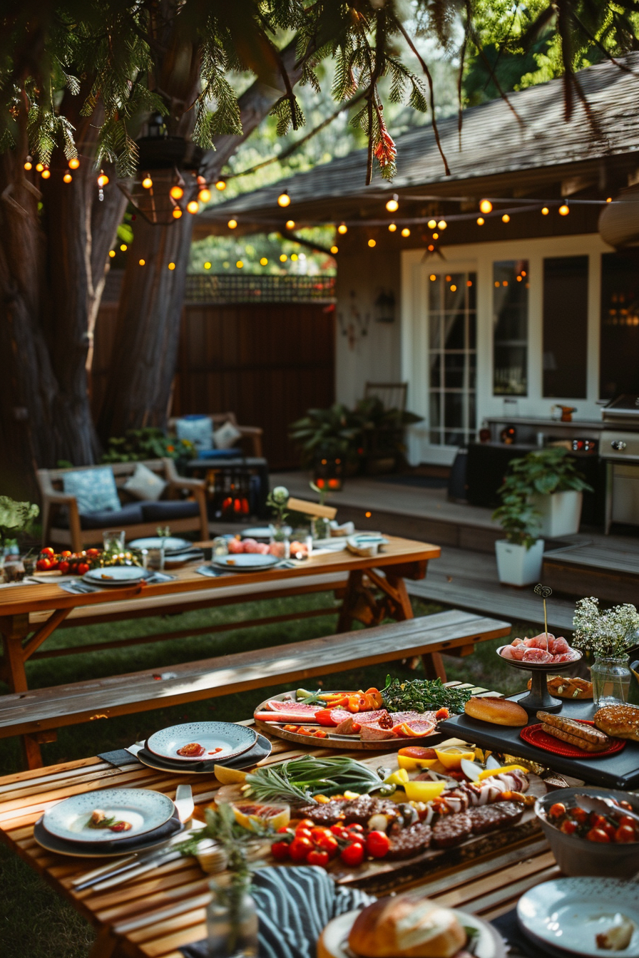 Cozy backyard picnic setup with string lights, a wooden table laden with various foods, and comfortable outdoor seating in the background.