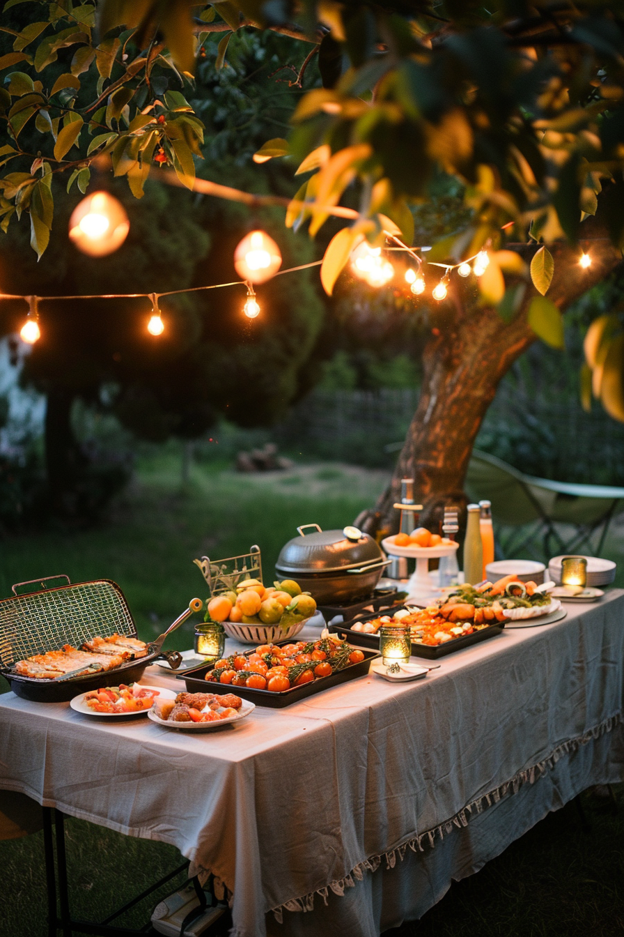 An outdoor evening buffet with warm string lights over a table full of food, including BBQ and fresh fruits.