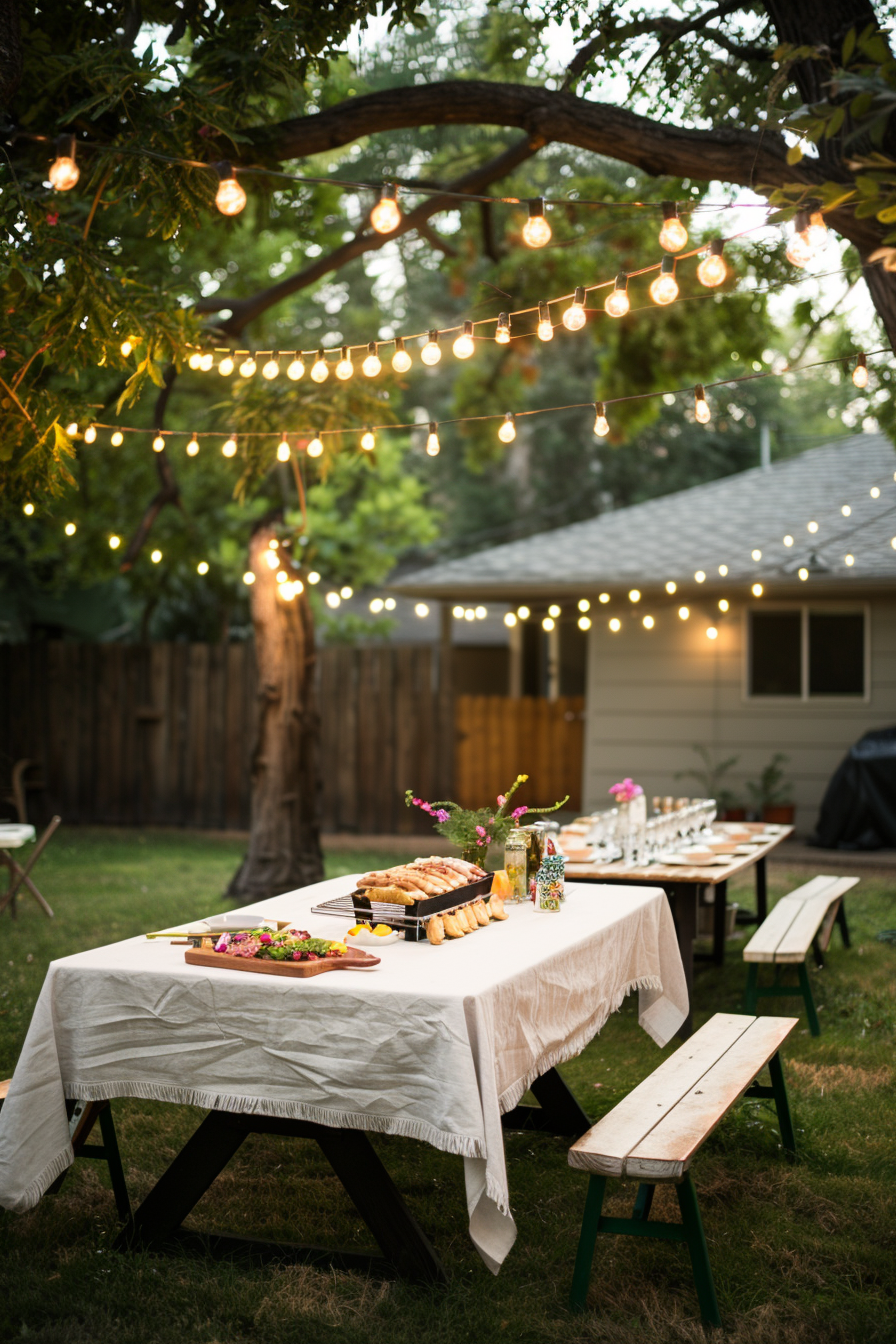 A cozy outdoor setting with string lights above, a table with food and flowers, and benches on a grassy lawn at dusk.