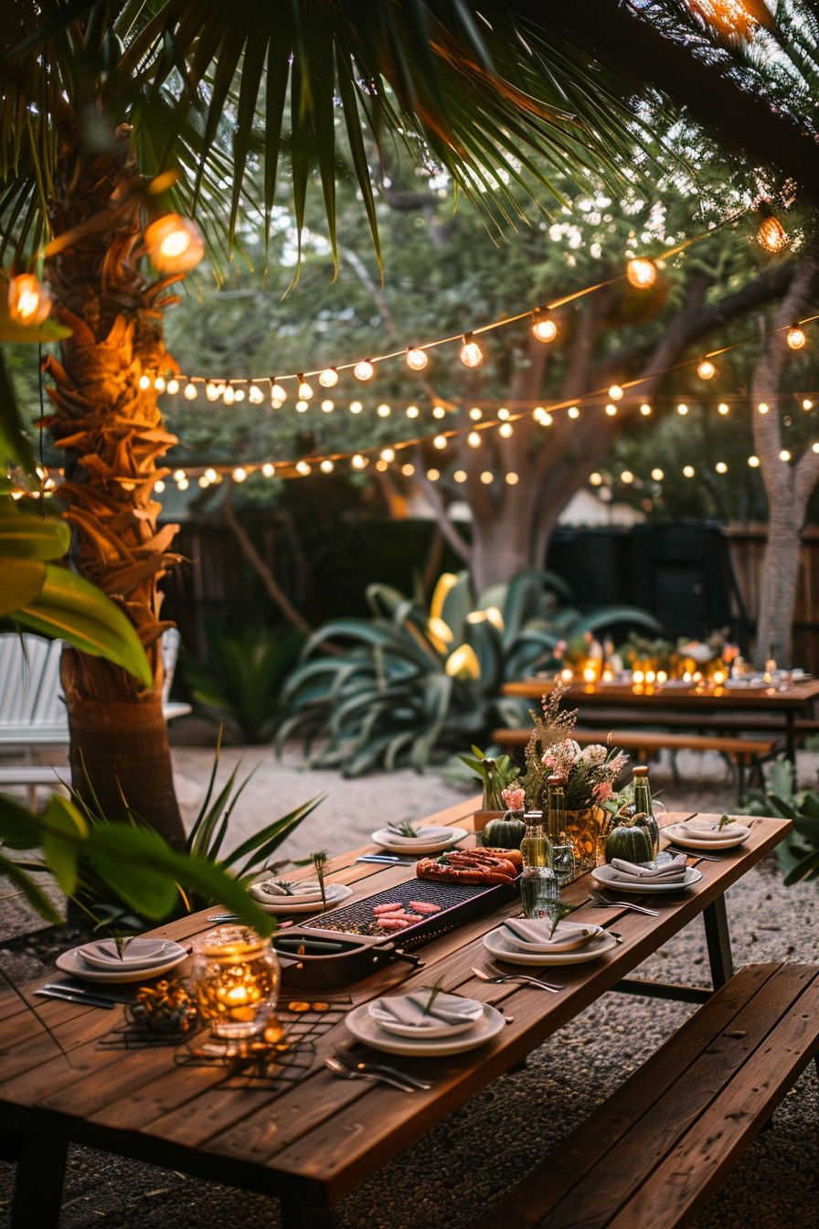 Outdoor dining setup with a wooden table adorned with candles and string lights, ready for a cozy evening meal.
