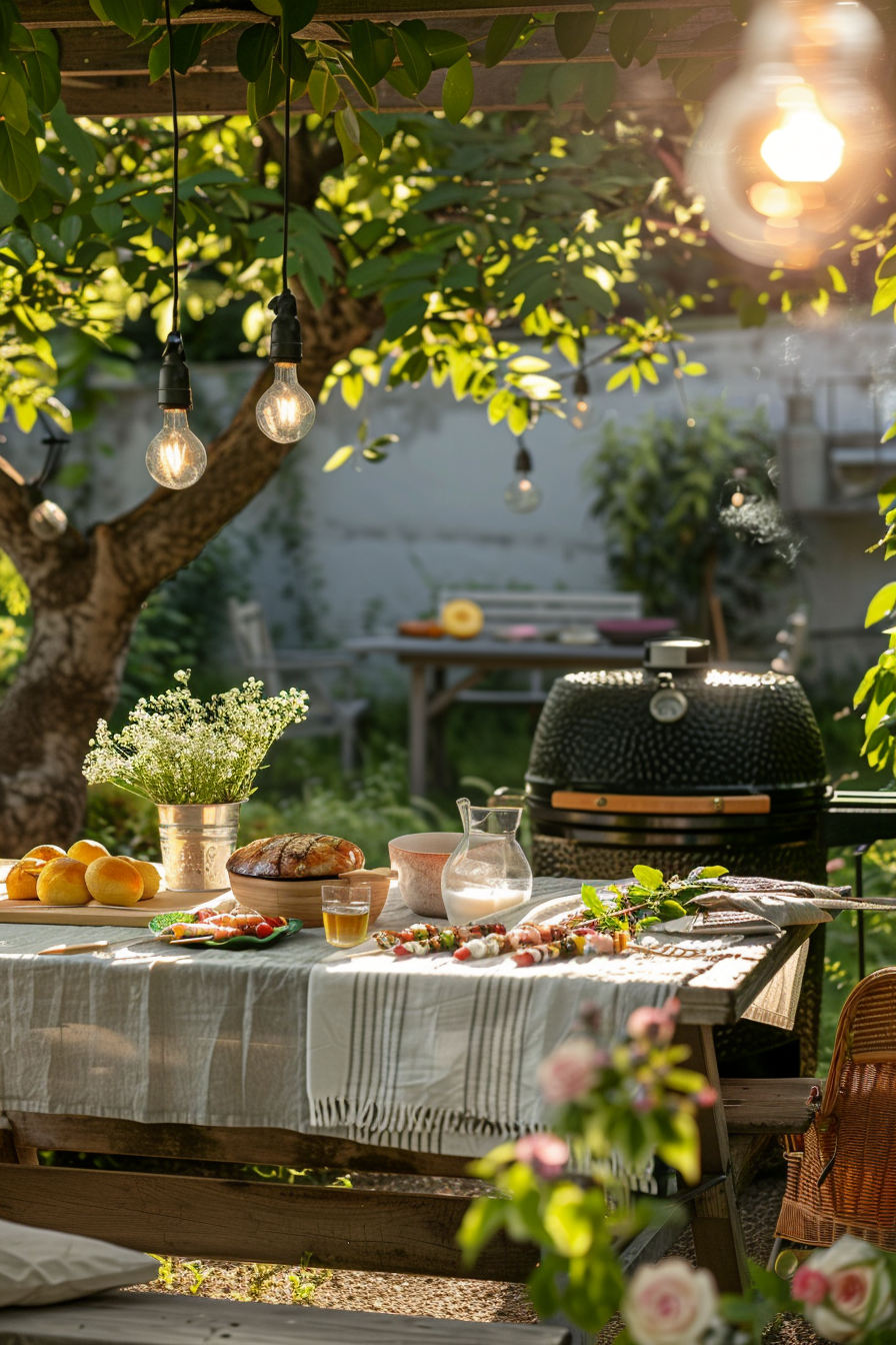 A serene outdoor dining setup with hanging lights, a table set with food, and a barbecue grill in a garden at sunset.