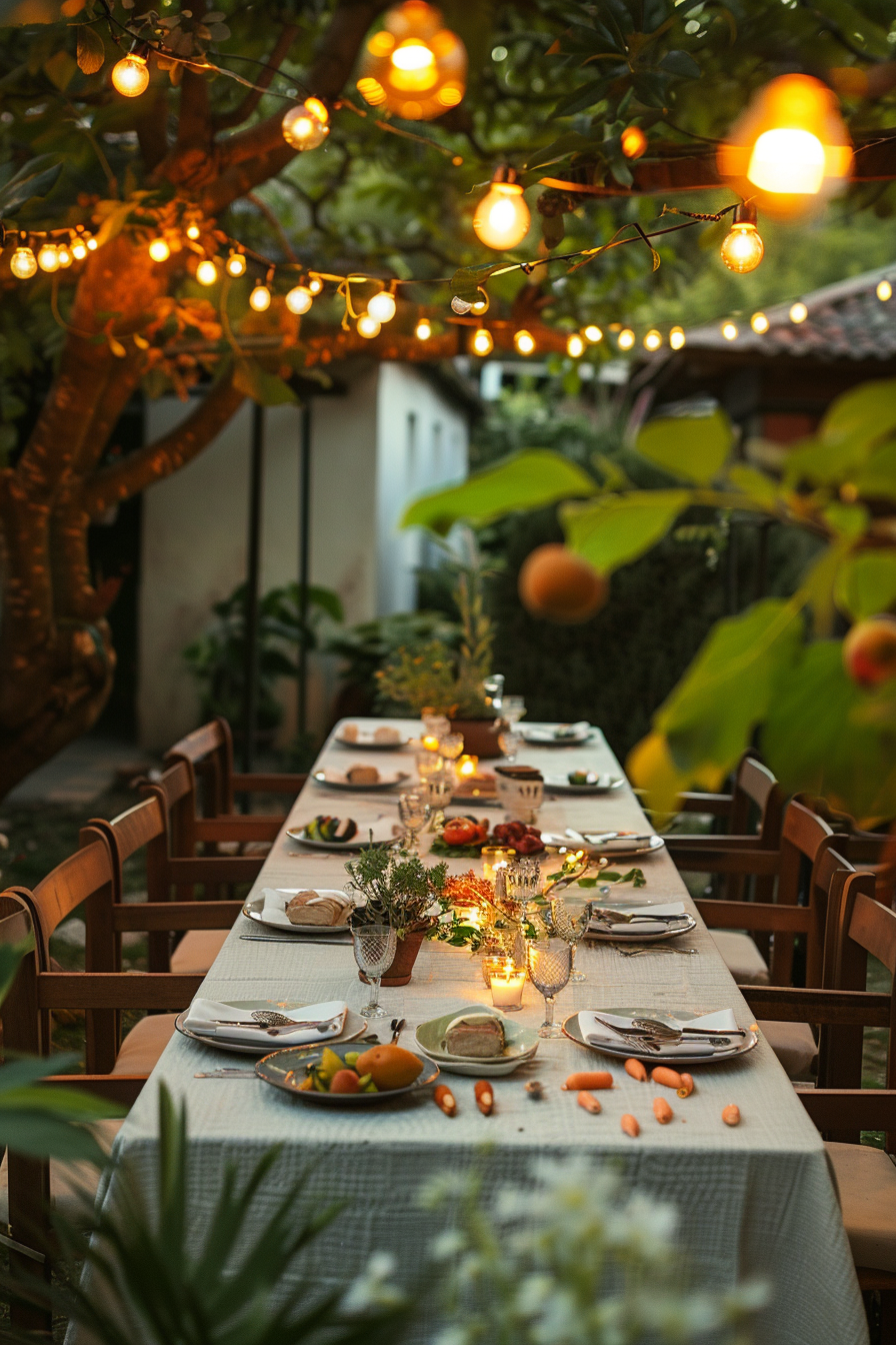 An outdoor dining table set for a meal, adorned with glowing string lights and surrounded by greenery.