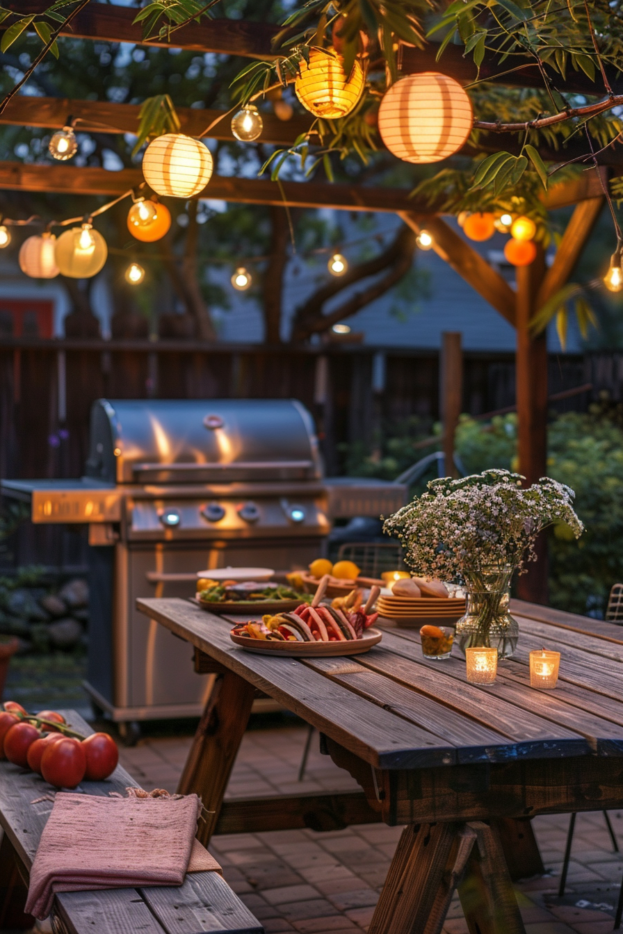 Cozy backyard evening with a lit barbecue grill, a wooden table set with food, string lights above, and a warm, inviting ambiance.