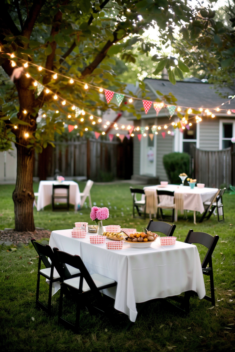 Outdoor backyard evening party setting with string lights, decorated tables, chairs, and snacks ready for guests.