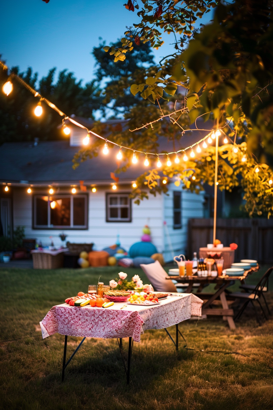 Twilight backyard scene with string lights, a table set with food, chairs, and garden party decorations.
