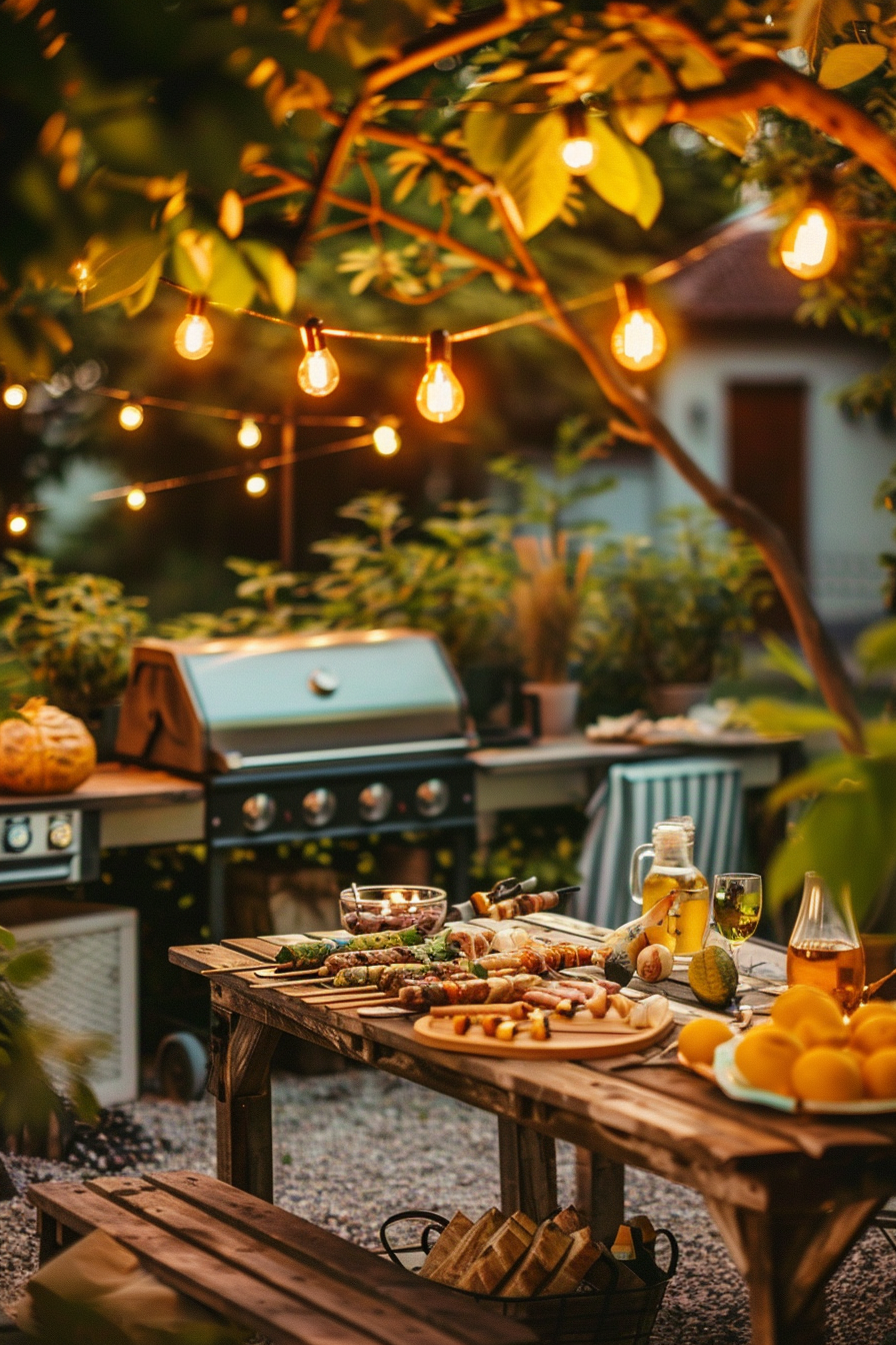 Cozy outdoor evening setting with a spread of food on a wooden table, string lights above, and a barbecue in the background.