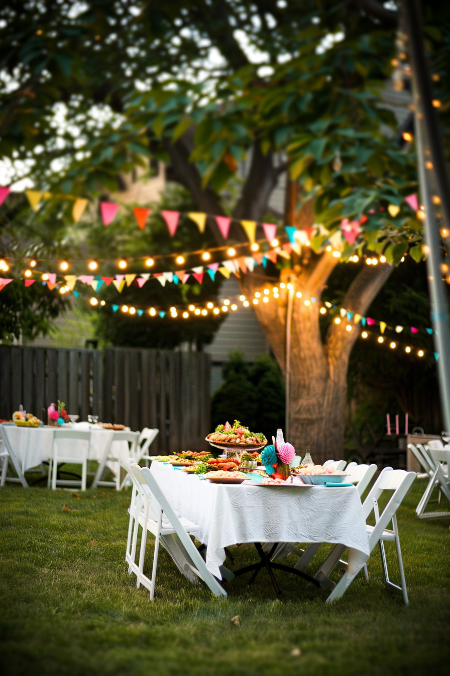 Outdoor garden party setting with tables, string lights, and a food spread.