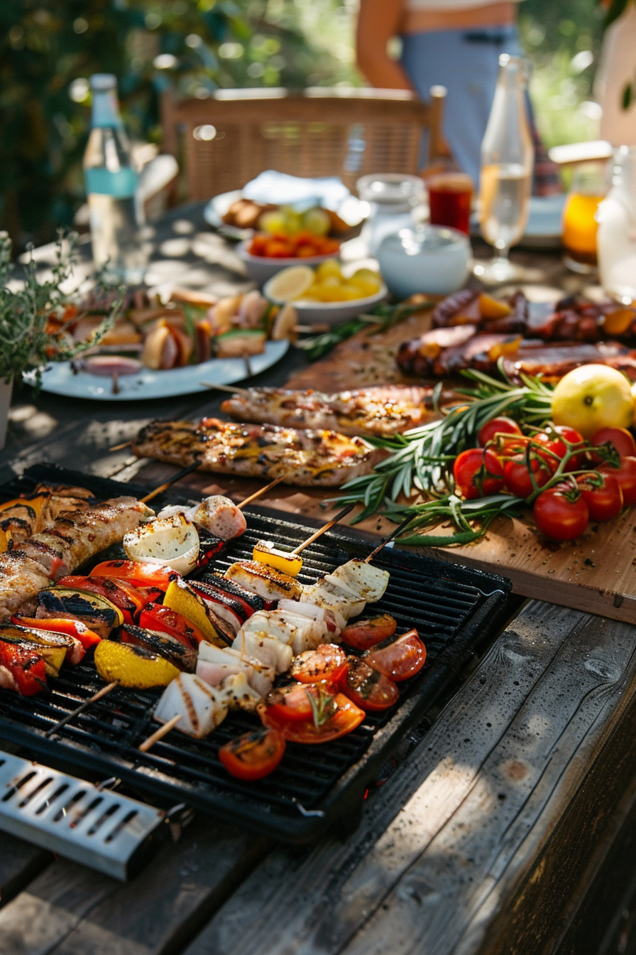 Alt text: A sunny outdoor barbecue with skewered meats and vegetables on the grill and assorted picnic items in the background.