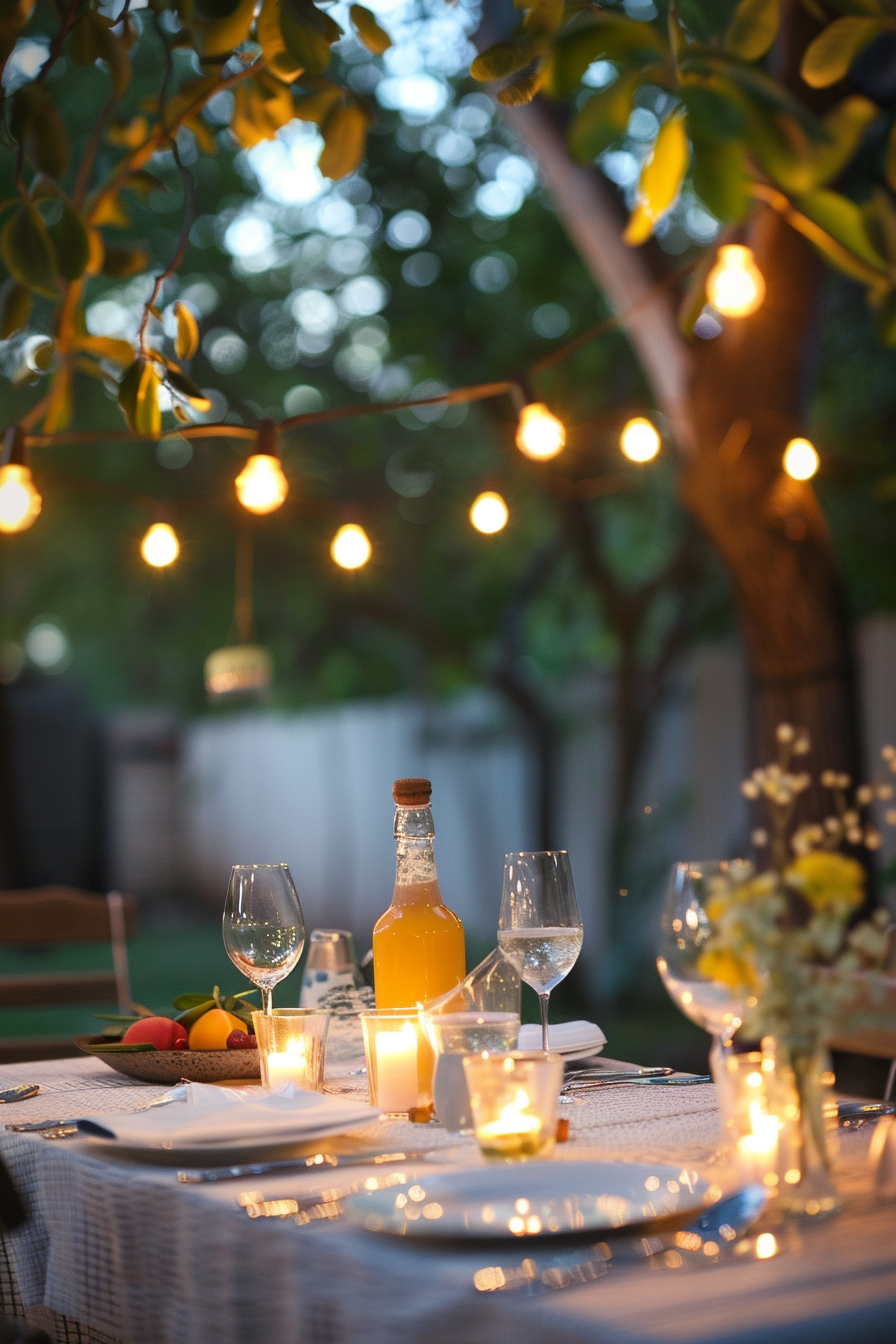 Outdoor evening dining setup with lit candles, wine glasses, a bottle of beverage, and string lights above, creating a cozy ambiance.