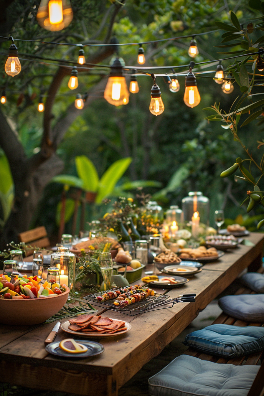 Outdoor dining table adorned with a variety of foods, lit by string lights, surrounded by lush greenery.
