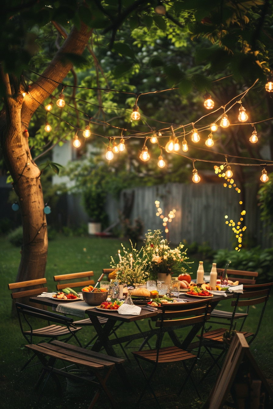 Alt text: An evening garden setup with a wooden dining table adorned with food and flowers under string lights hanging from a tree.