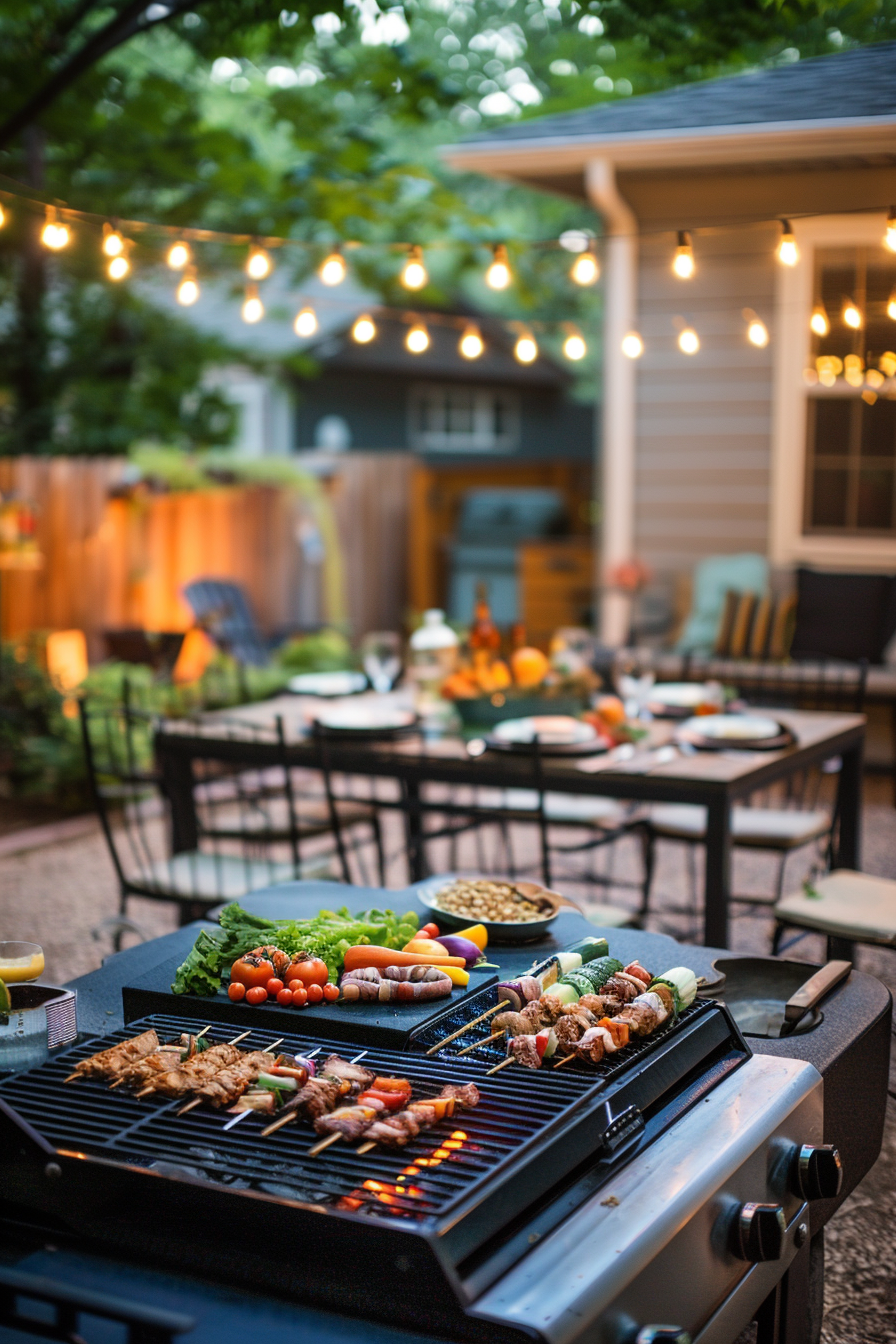 A cozy backyard barbecue setting with a grill full of skewers, surrounded by string lights and a dining table set for a meal.