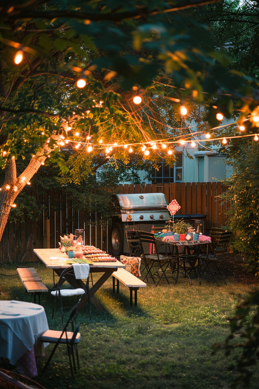A cozy backyard evening scene with string lights, a barbeque grill, and a table set with food and drinks.