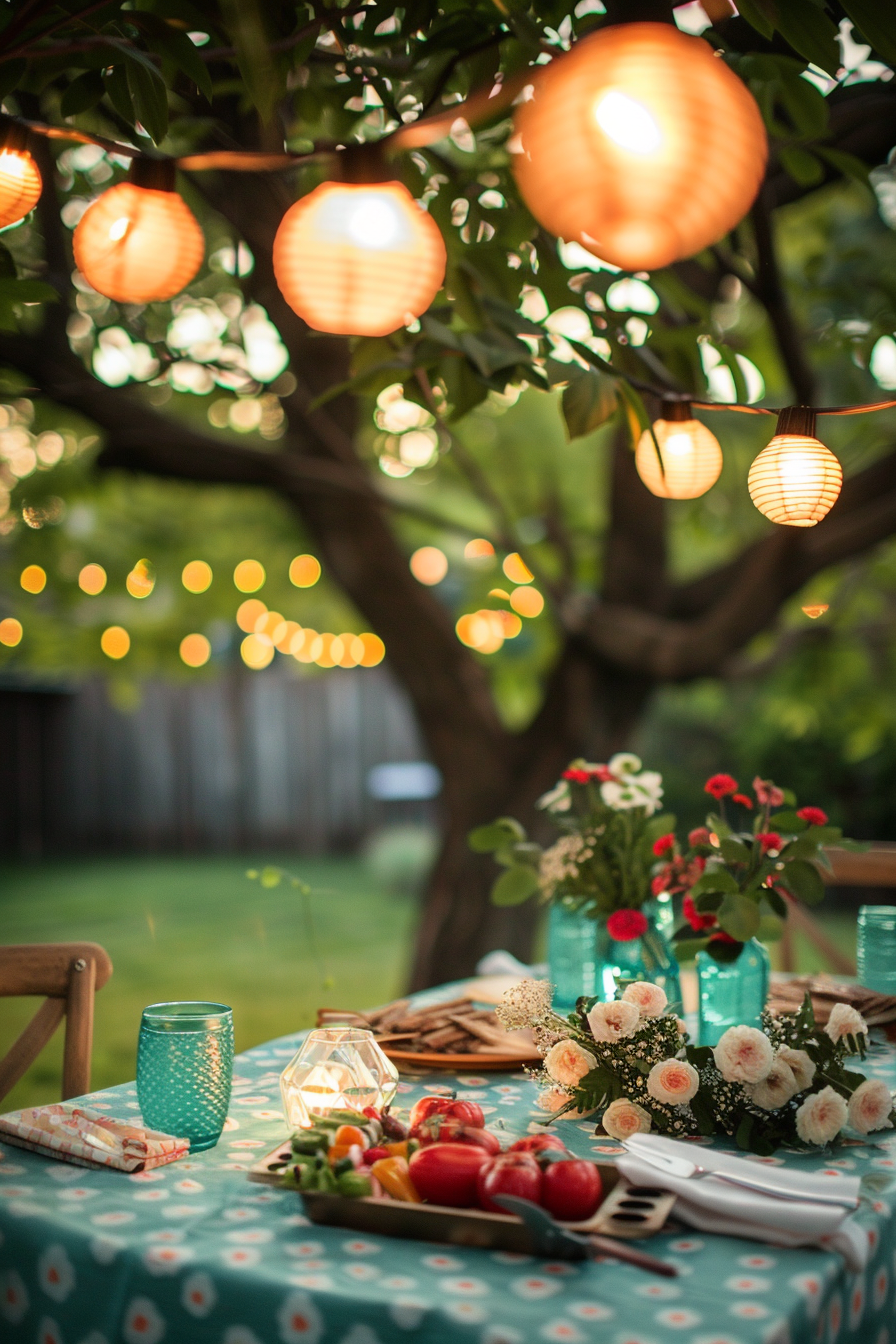 An outdoor dining table set with a floral centerpiece, lit by string lights, ready for an evening meal.
