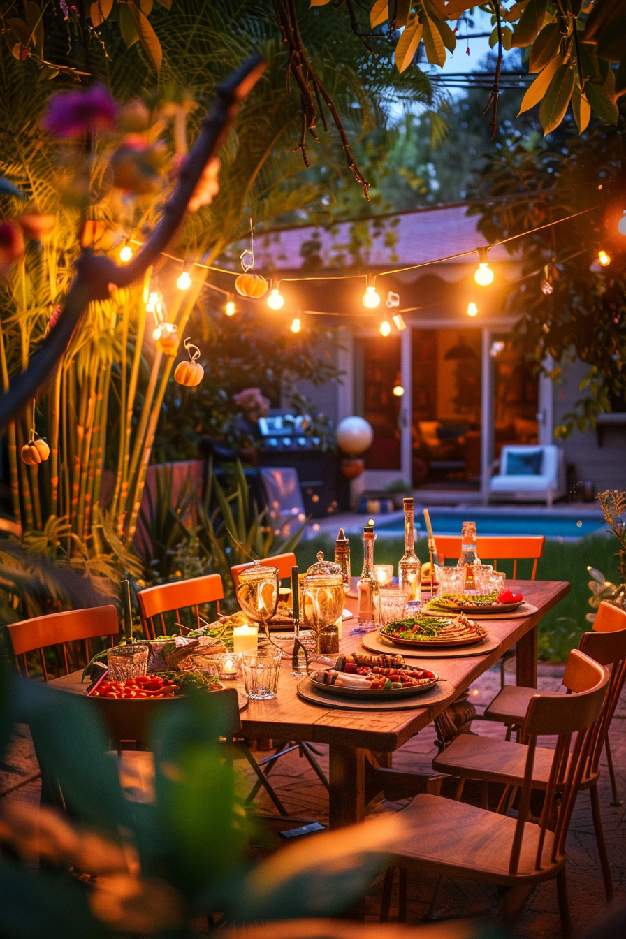 A cozy backyard dinner setting at dusk with a table full of food, lit by warm string lights and surrounded by lush greenery.