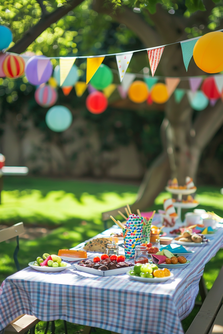 A colorful outdoor party table with snacks, fruit, and sweets, adorned with festive bunting and lanterns in a garden setting.