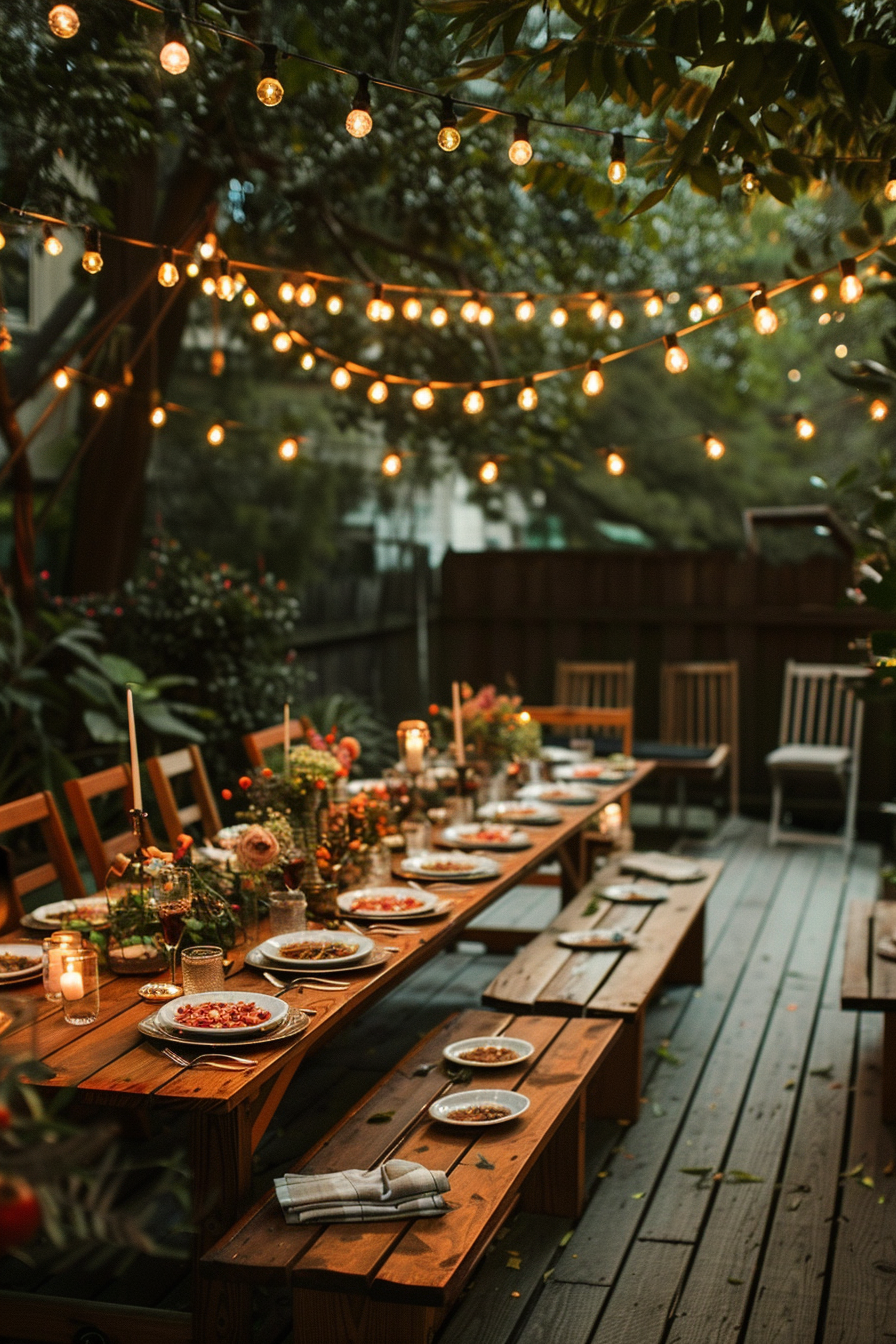 Outdoor evening dinner setting with a wooden table, chairs, string lights, candles, and food under trees.