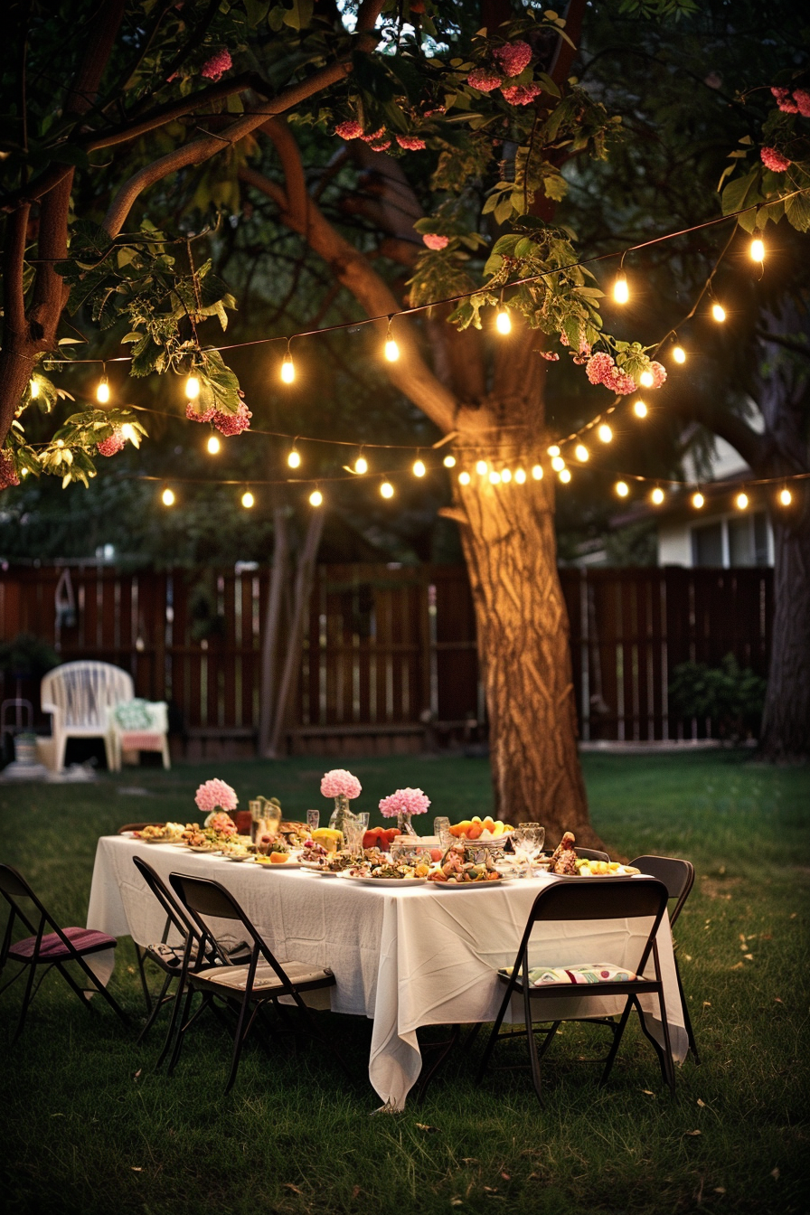 Outdoor evening dinner setting under tree with string lights, decorated table with food and flowers, and chairs on a lawn.