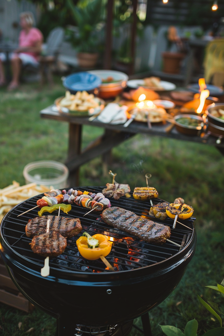 Grilled food on a barbecue with vegetables and steaks, with a blurry background of a garden party.