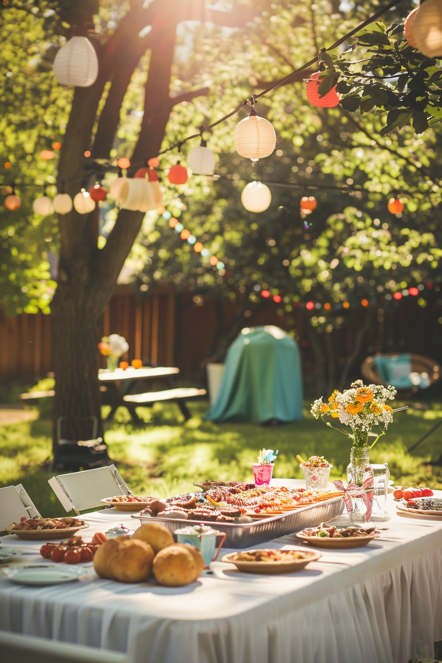 A sunny outdoor garden party setting with hanging lanterns, a table laden with food, and a backdrop of greenery.
