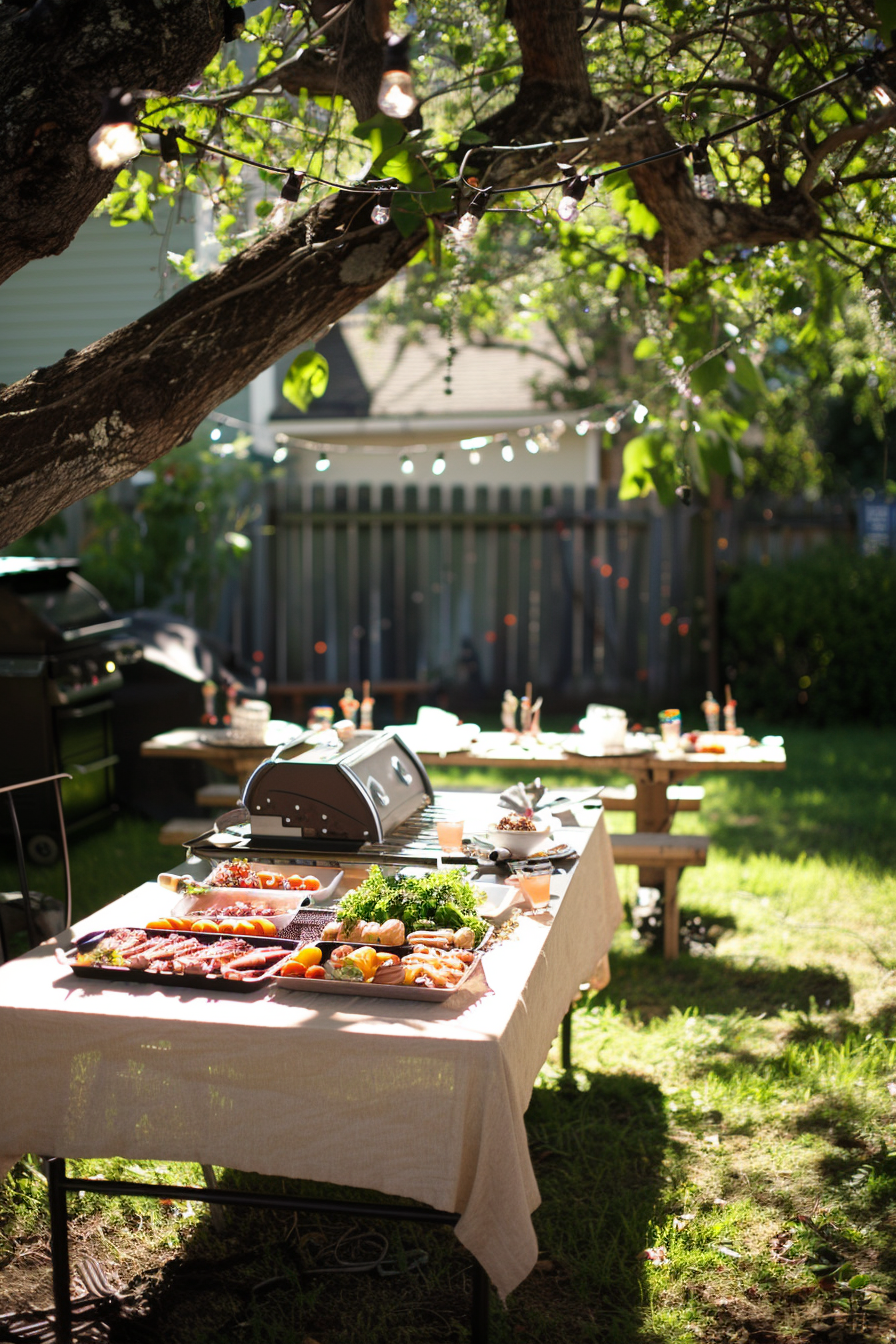 A backyard BBQ setup with a table of food under a tree, string lights above, and a grill to the side in sunny weather.