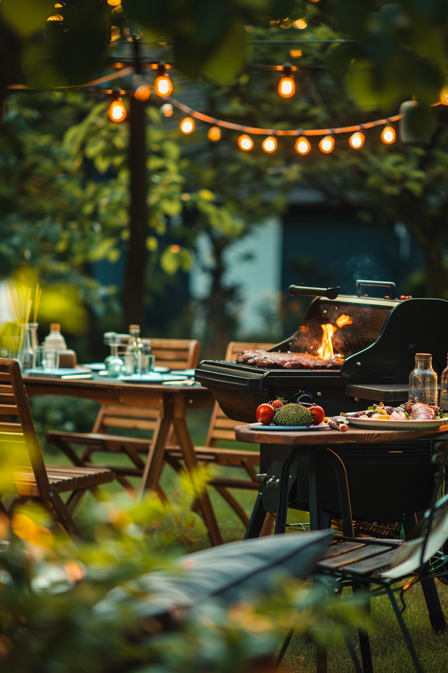 ALT: A cozy backyard BBQ scene with a grill, flames, a wooden table set for dining, strung lights above, and lush greenery around.