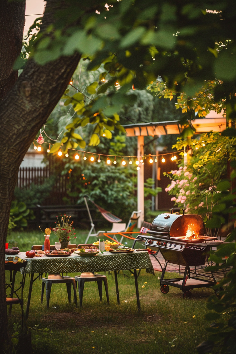 Cozy backyard evening with a table full of food, string lights, a lit barbecue, and garden chairs inviting a festive outdoor meal.