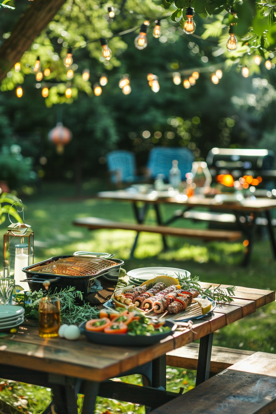 Outdoor summer dining scene with a table full of food, string lights in the background, and a barbecue grill on the side.