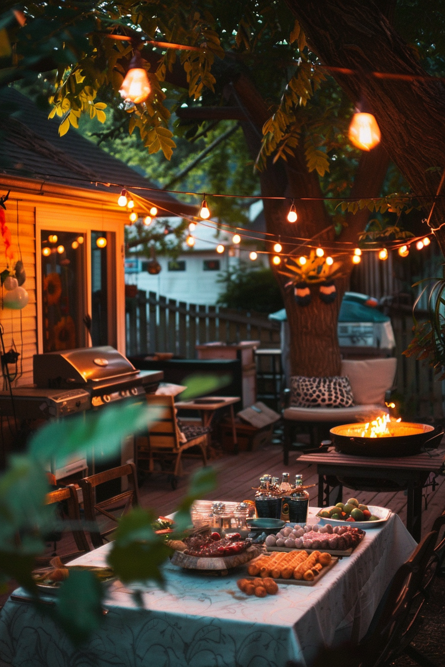 Cozy evening backyard setup with string lights, a fire pit, a grill, and a table set with food and drinks.