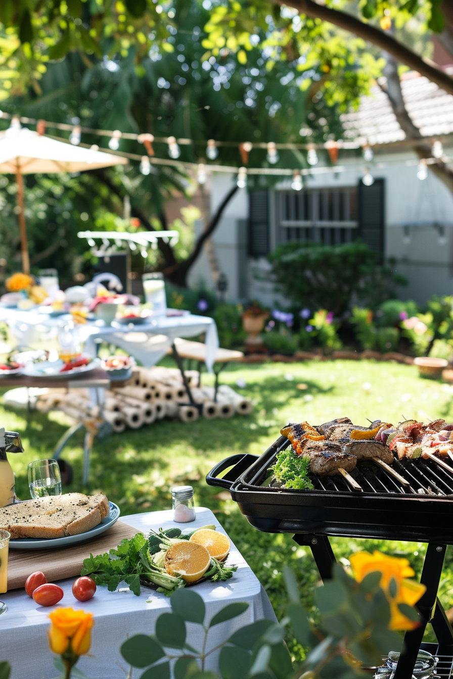 Alt text: A sunny backyard garden scene with a barbeque grill in the foreground and a table with food and a festive setting in the background.