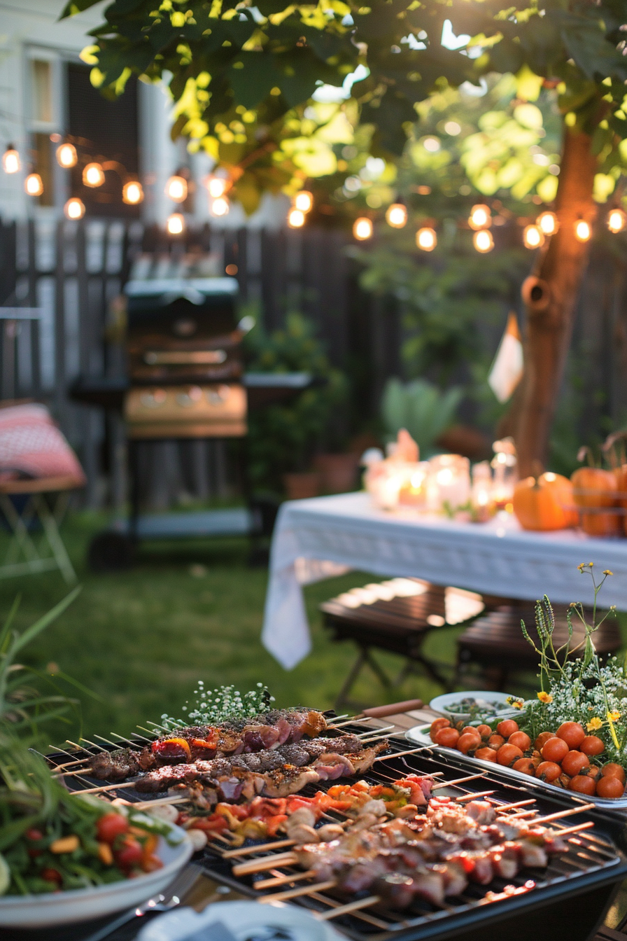 Evening backyard BBQ scene with skewered meats on grill, string lights above, and a table set with pumpkins and candles.