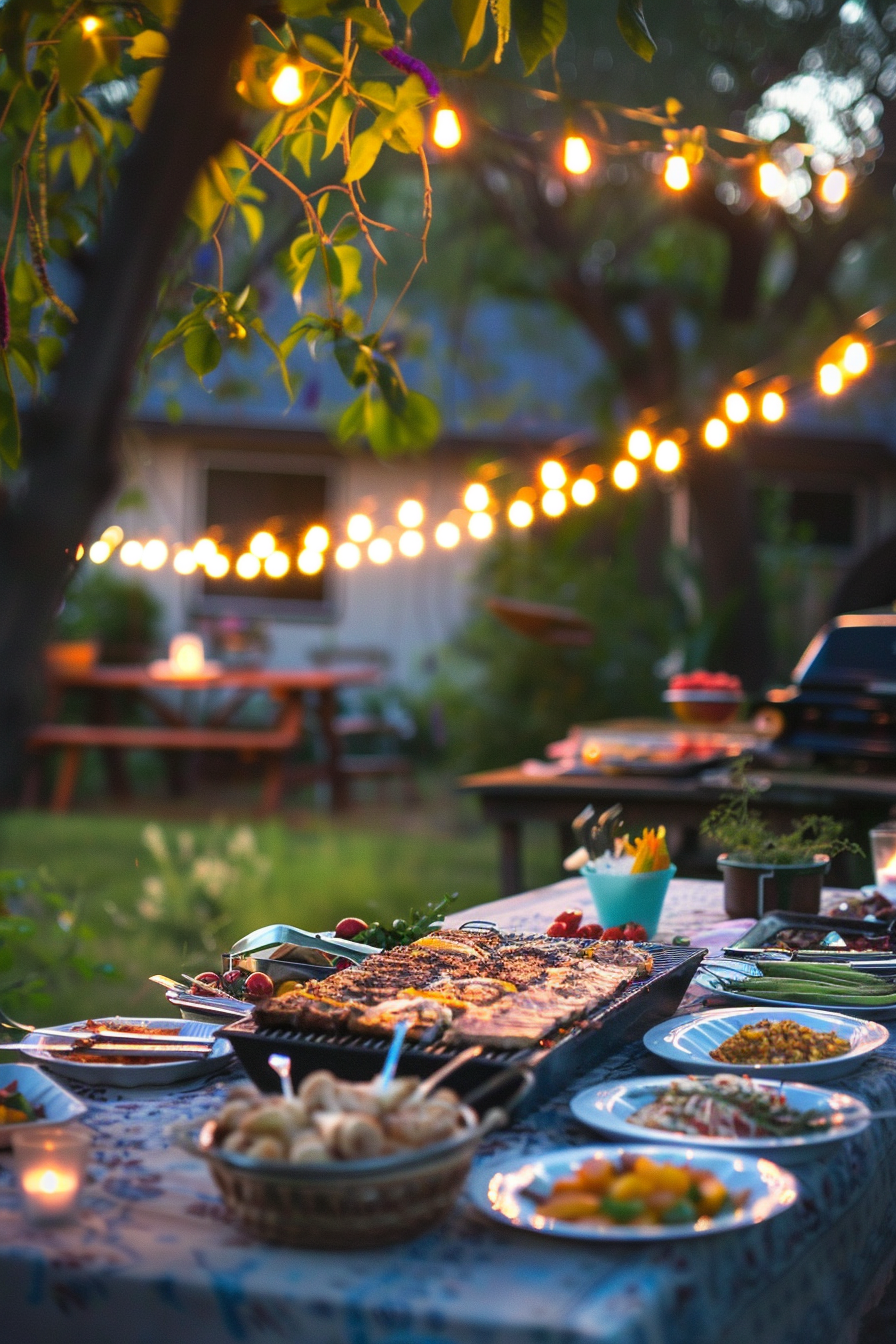 An evening garden party setting with a table full of food, string lights above, and a barbecue in the background.