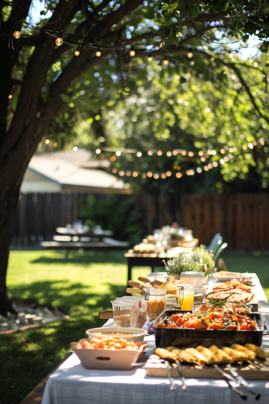 Outdoor buffet setup in a garden with string lights, featuring an array of dishes on tables, ready for a festive event.