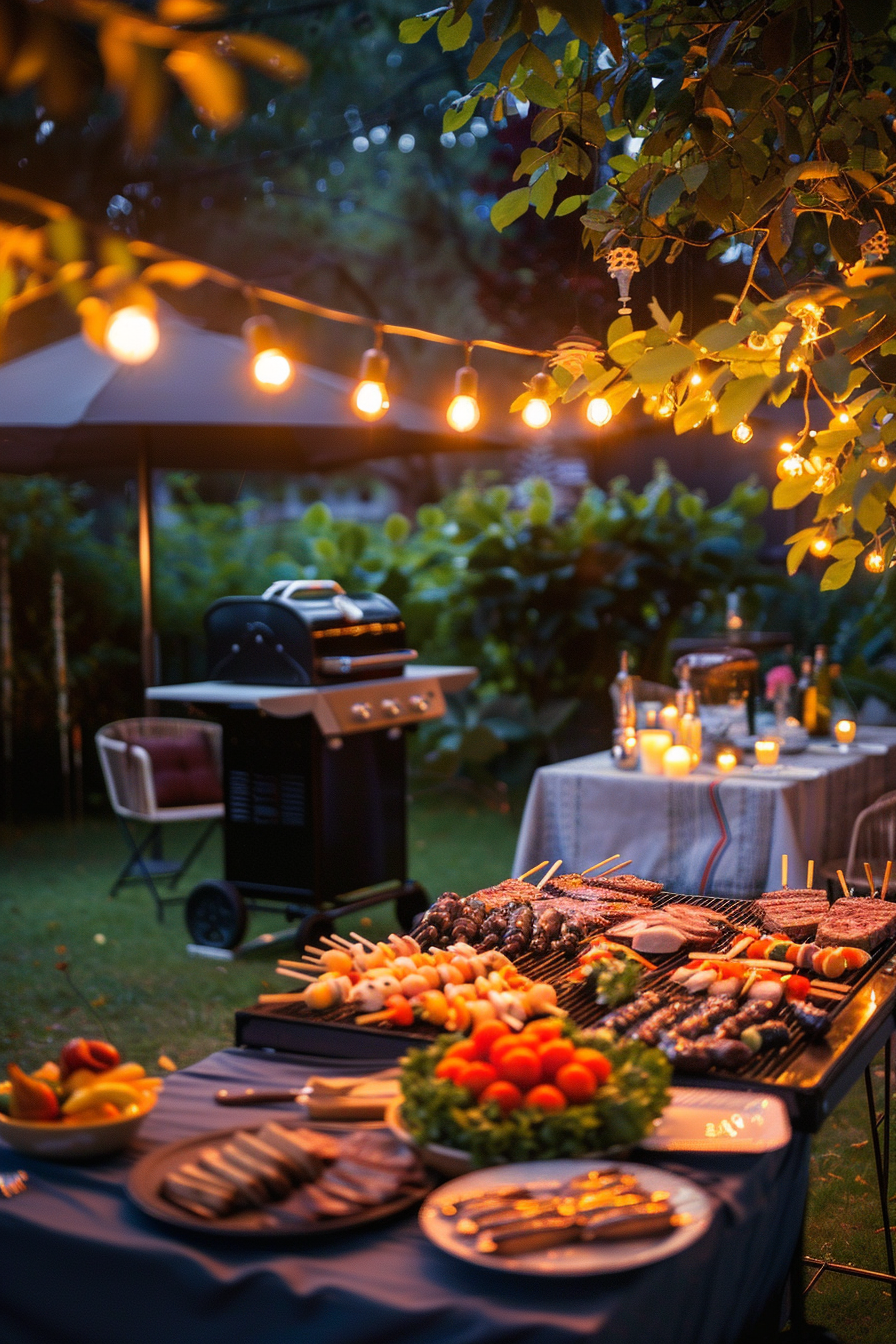 An outdoor evening barbecue setup with a table full of grilled foods under string lights and a canopy of leaves.