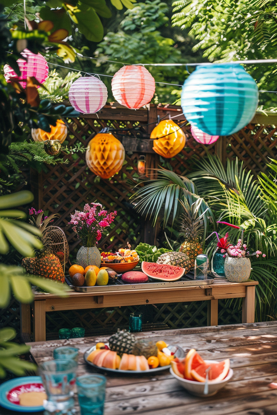 ALT text: "Outdoor garden table adorned with colorful fruits and flowers under decorative paper lanterns, creating a vibrant tropical party setting."