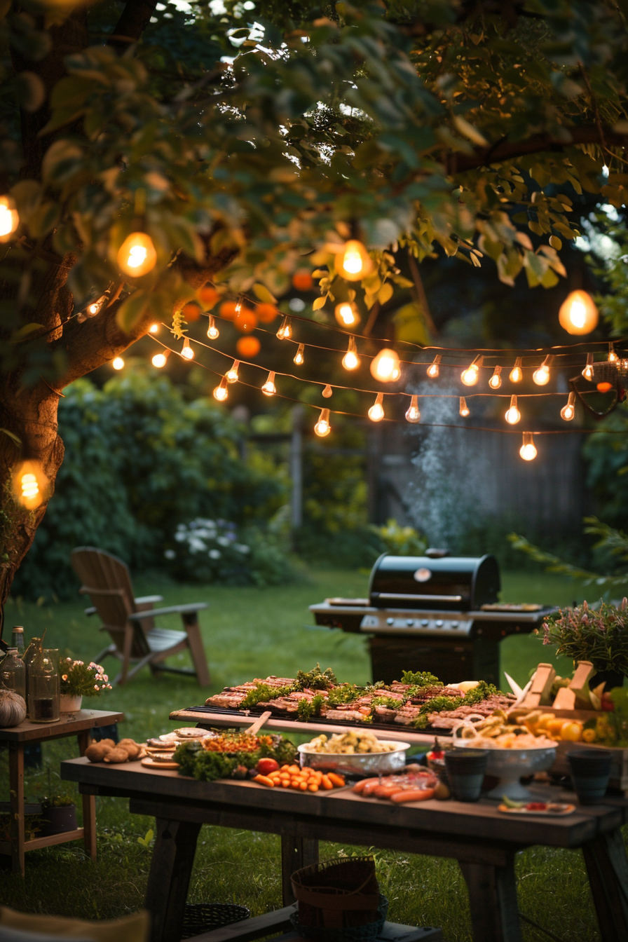 Cozy backyard evening with tables full of food, string lights in trees, and a barbecue grill, ready for an outdoor feast.