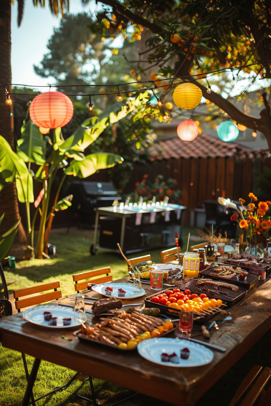 Alt text: A garden party setup with a table full of grilled food, colorful lanterns above, and a BBQ grill in the background on a sunny day.