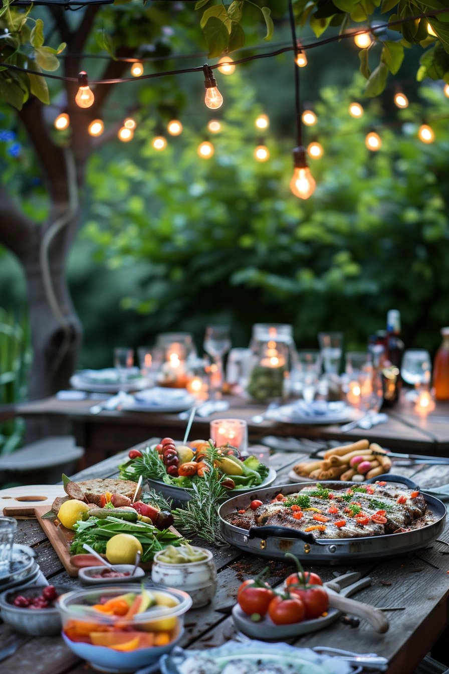 Alfresco dining setup with a rustic table filled with dishes, under a canopy of string lights amidst green foliage.