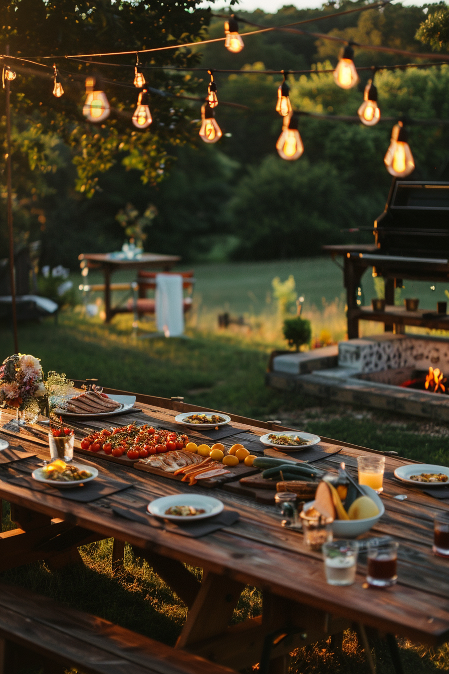 Outdoor dining table set with food under hanging string lights at dusk.