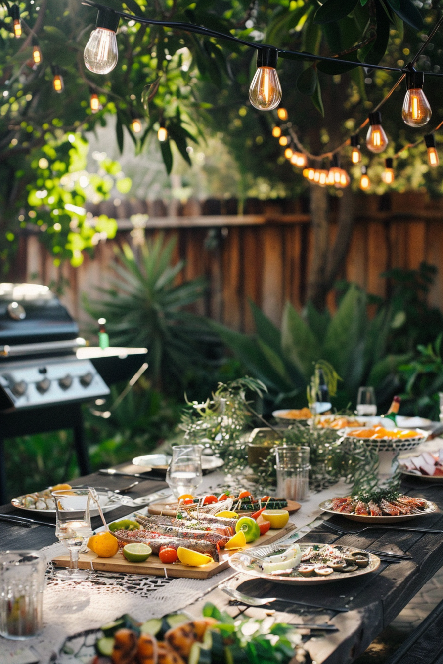 A cozy outdoor dining setup with a table full of food, string lights above, and a grill in the background on a sunny day.