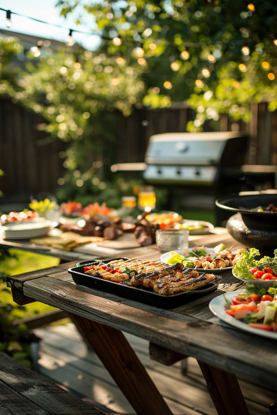 ALT Text: "An outdoor table set with a variety of grilled foods, salads, and drinks, with a barbecue grill and string lights in the background."