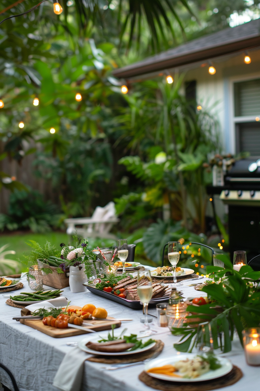 Outdoor dining setup with a table full of food, glasses of wine, string lights, and greenery backdrop.