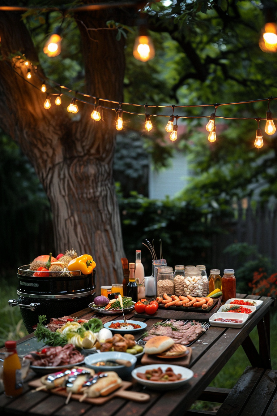 Outdoor dining setup with string lights, a barbecue grill, and an array of food on a wooden table amidst greenery.