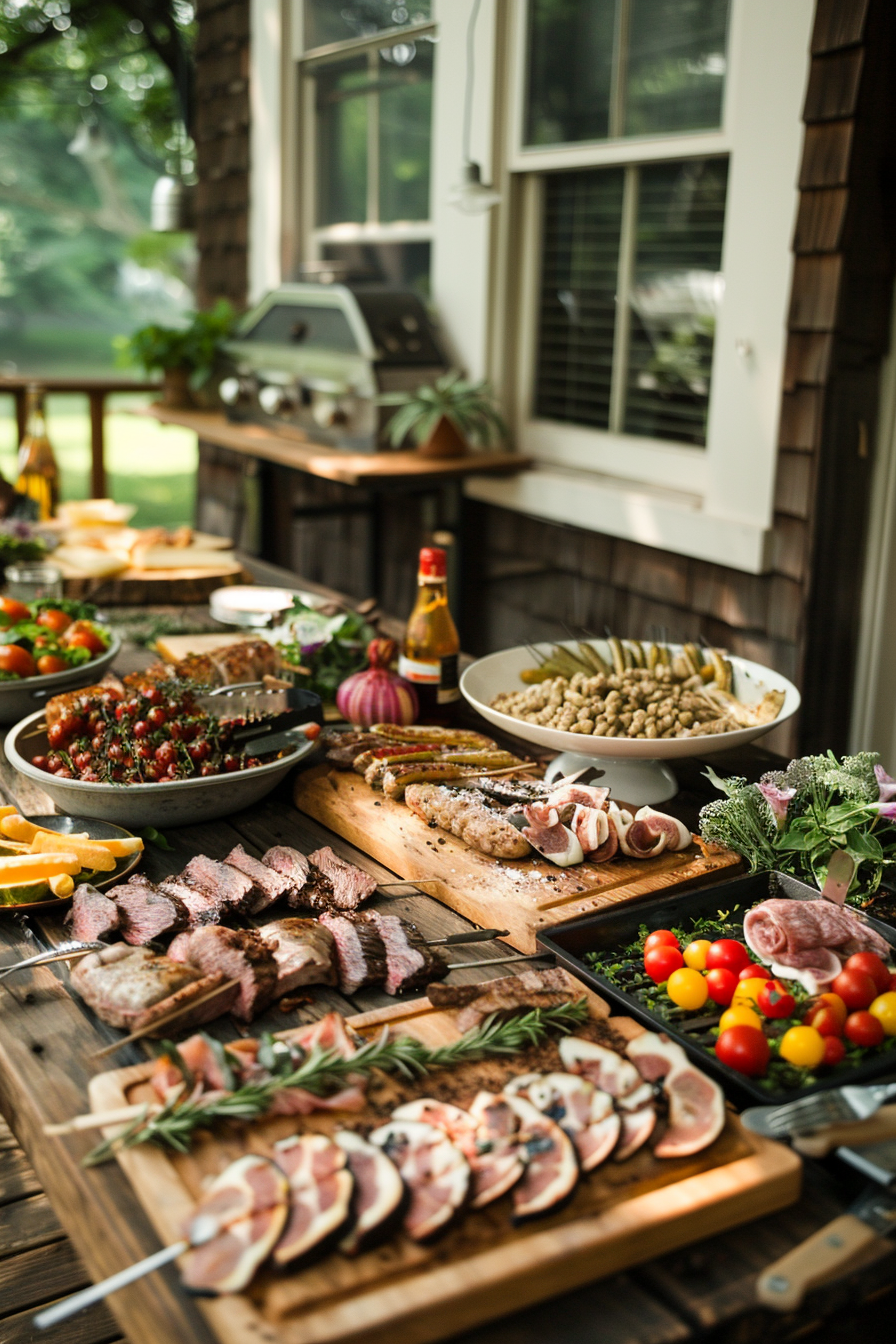 A variety of grilled dishes and fresh vegetables spread out on a rustic outdoor wooden table, suggesting a summer barbecue.