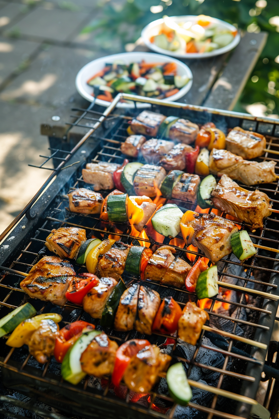 Skewers with grilled chicken and mixed vegetables on a flaming barbecue, with a side salad in the background.